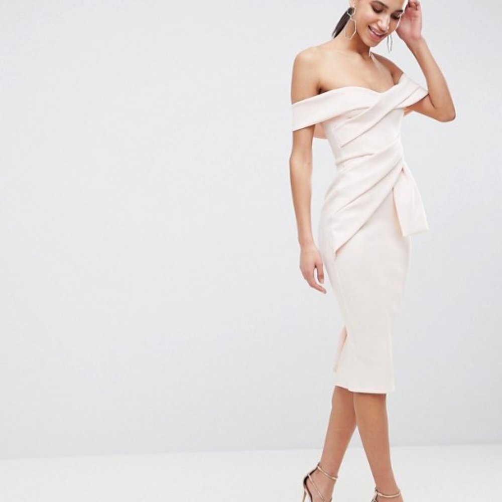 ASOS Bardot Fold Wrap Front Midi Pencil Dress